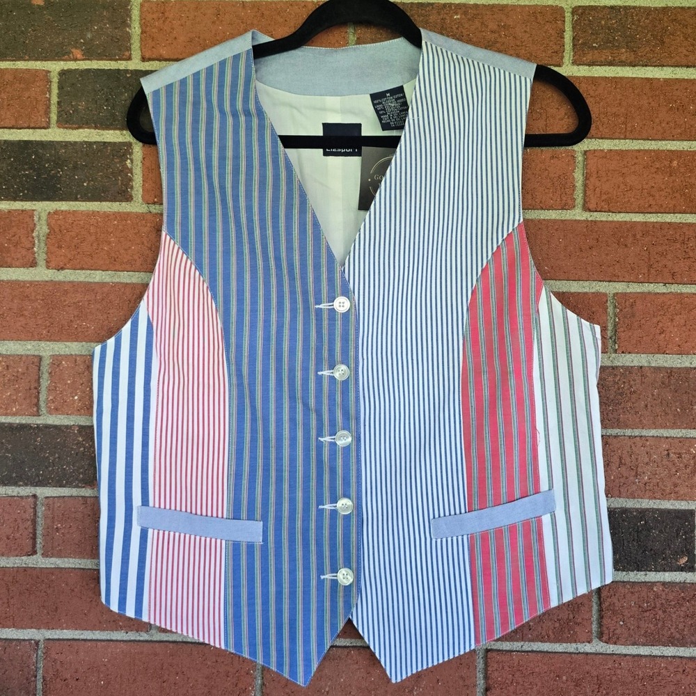 Vintage 90s Lizsport Vest Womens Medium Multi Color Striped Patchwork Preppy 90s